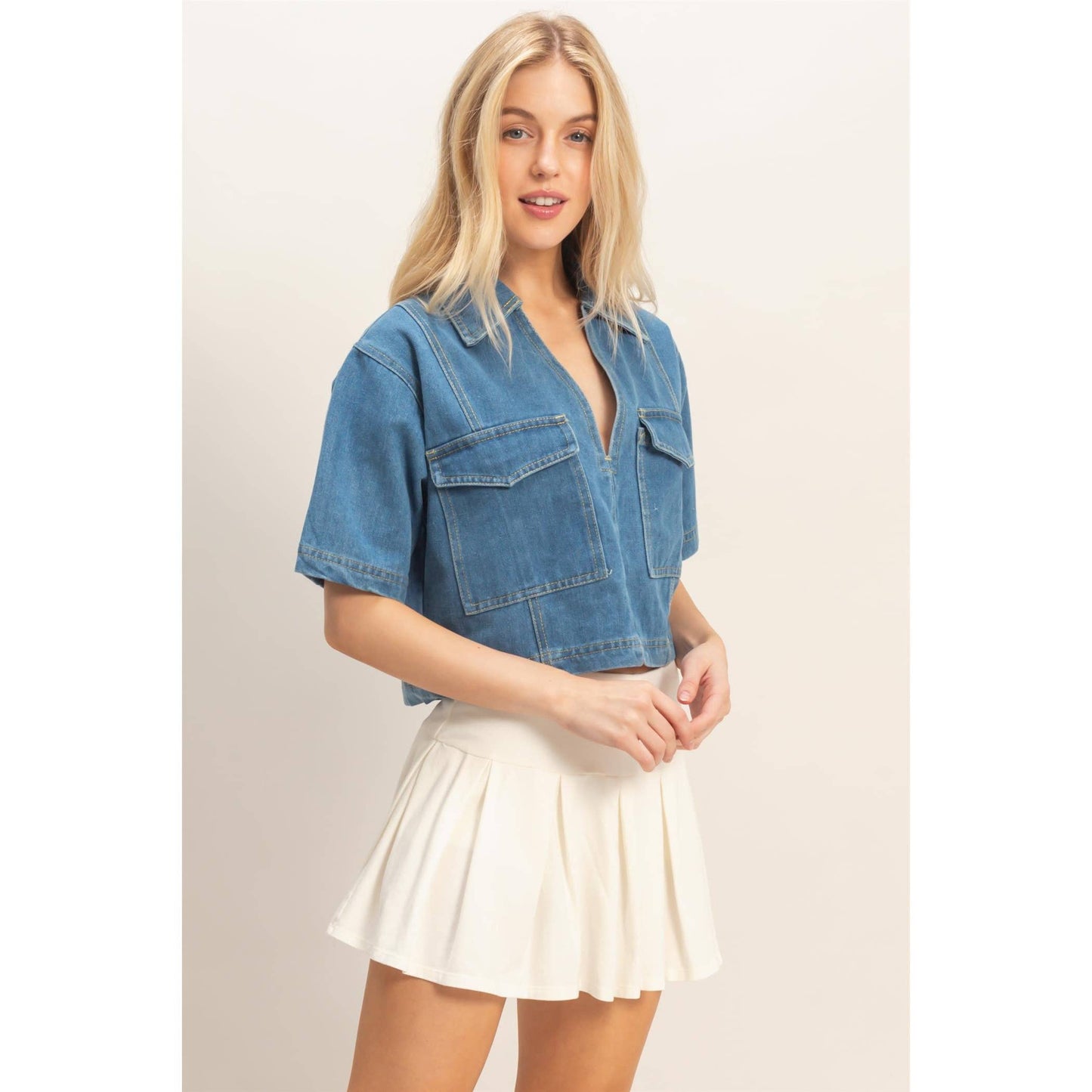 Denim V-Neck Cropped Top