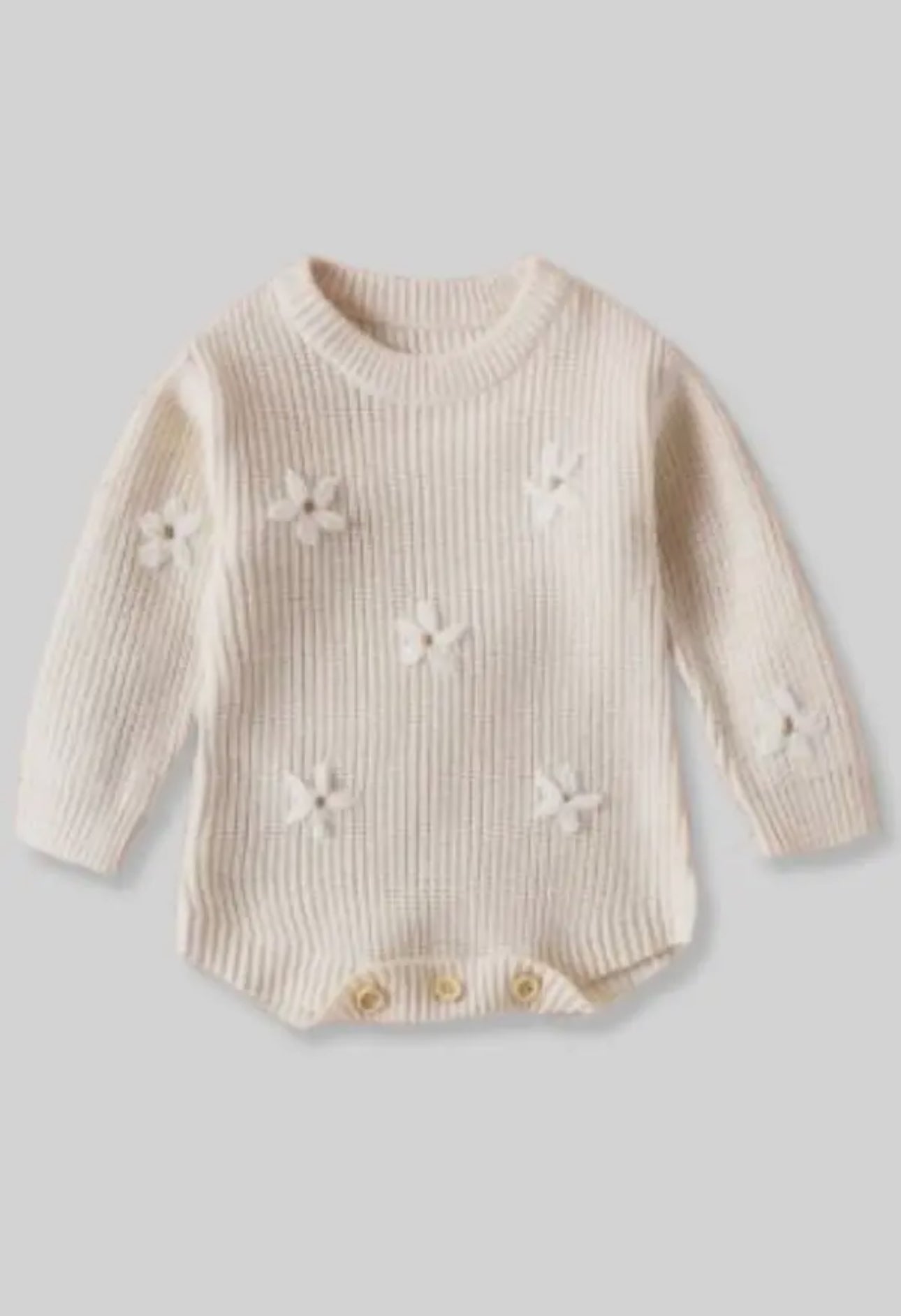 Knit Sweater Onesie with Embroidered Flower Detail - Cream
