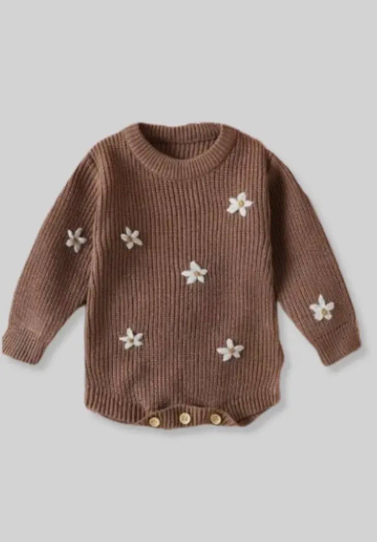 Knit Sweater Onesie with Embroidered Flower Detail - Brown