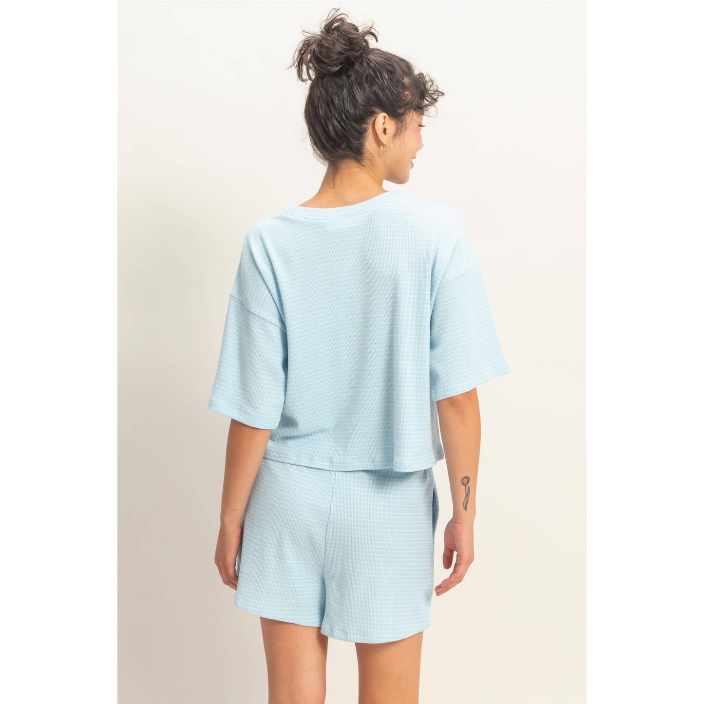 Striped Round Neck Top & Shorts Set - BEIGE
