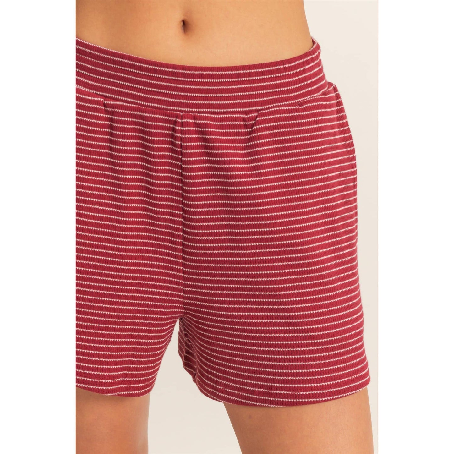 Striped Round Neck Top & Shorts Set - BEIGE