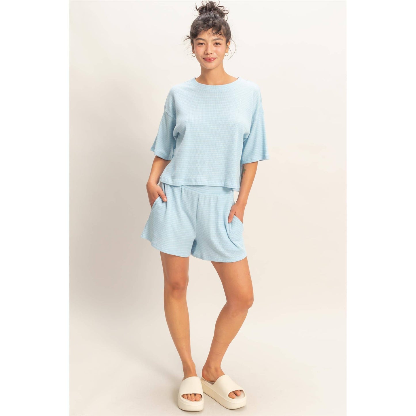 Striped Round Neck Top & Shorts Set - BEIGE