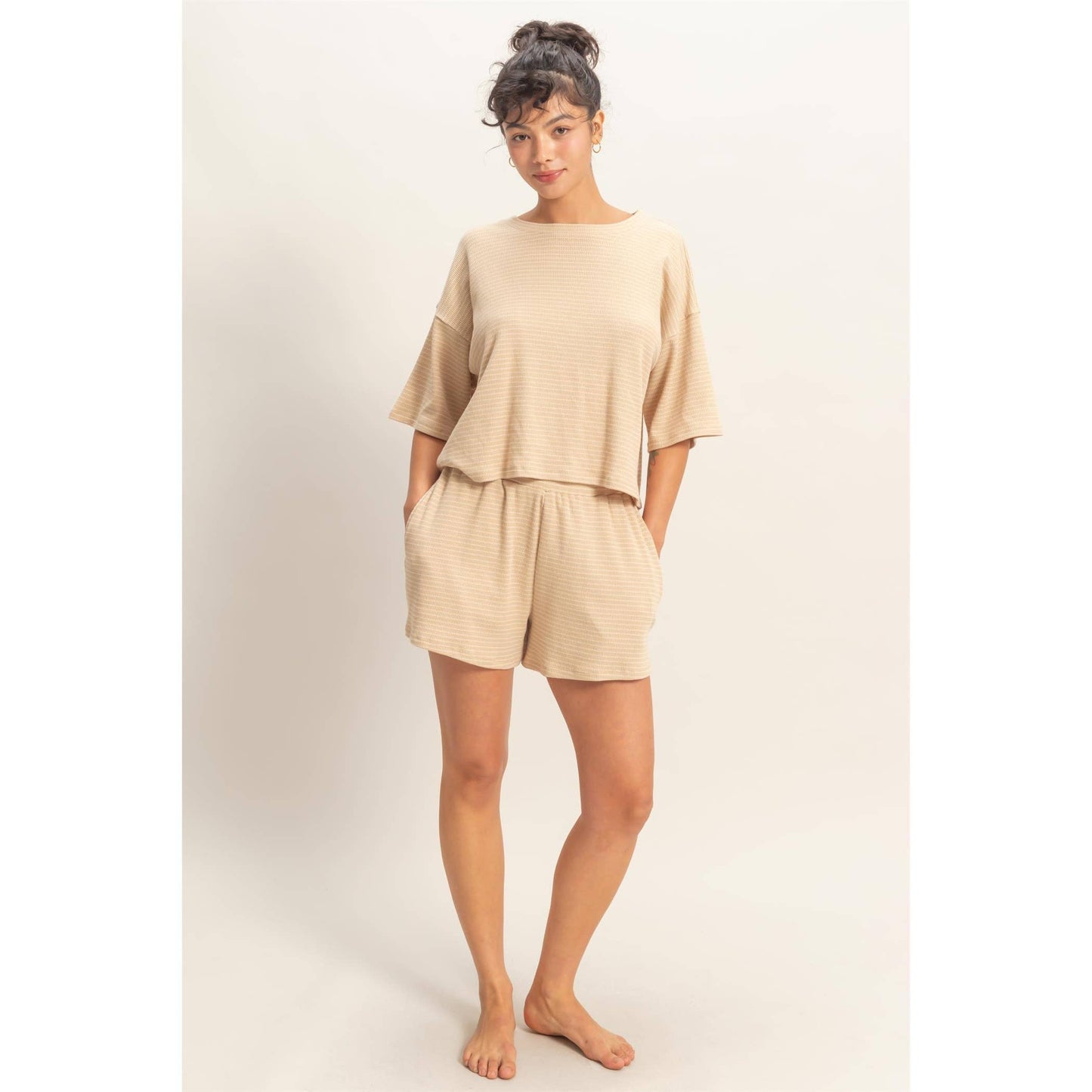 Striped Round Neck Top & Shorts Set - BEIGE