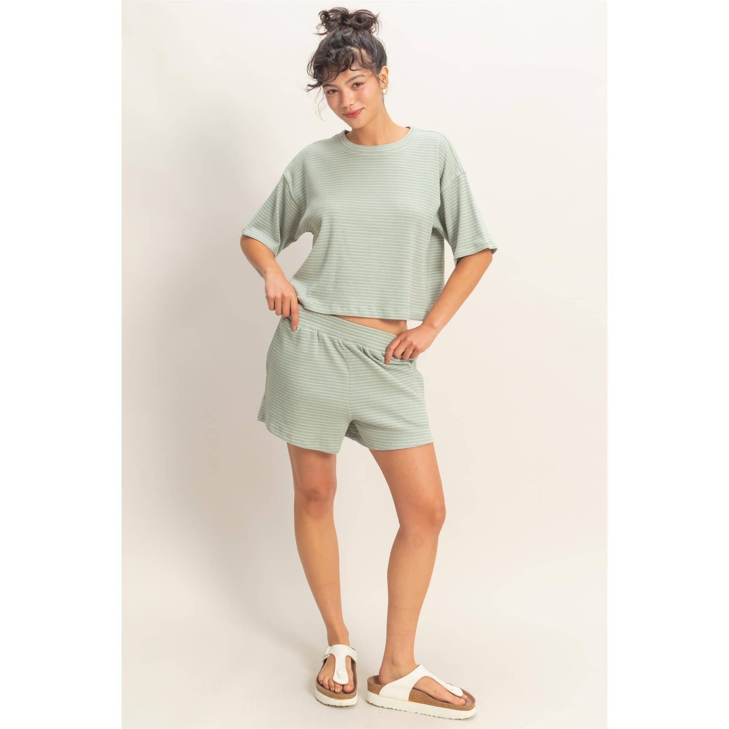 Striped Round Neck Top & Shorts Set - BEIGE