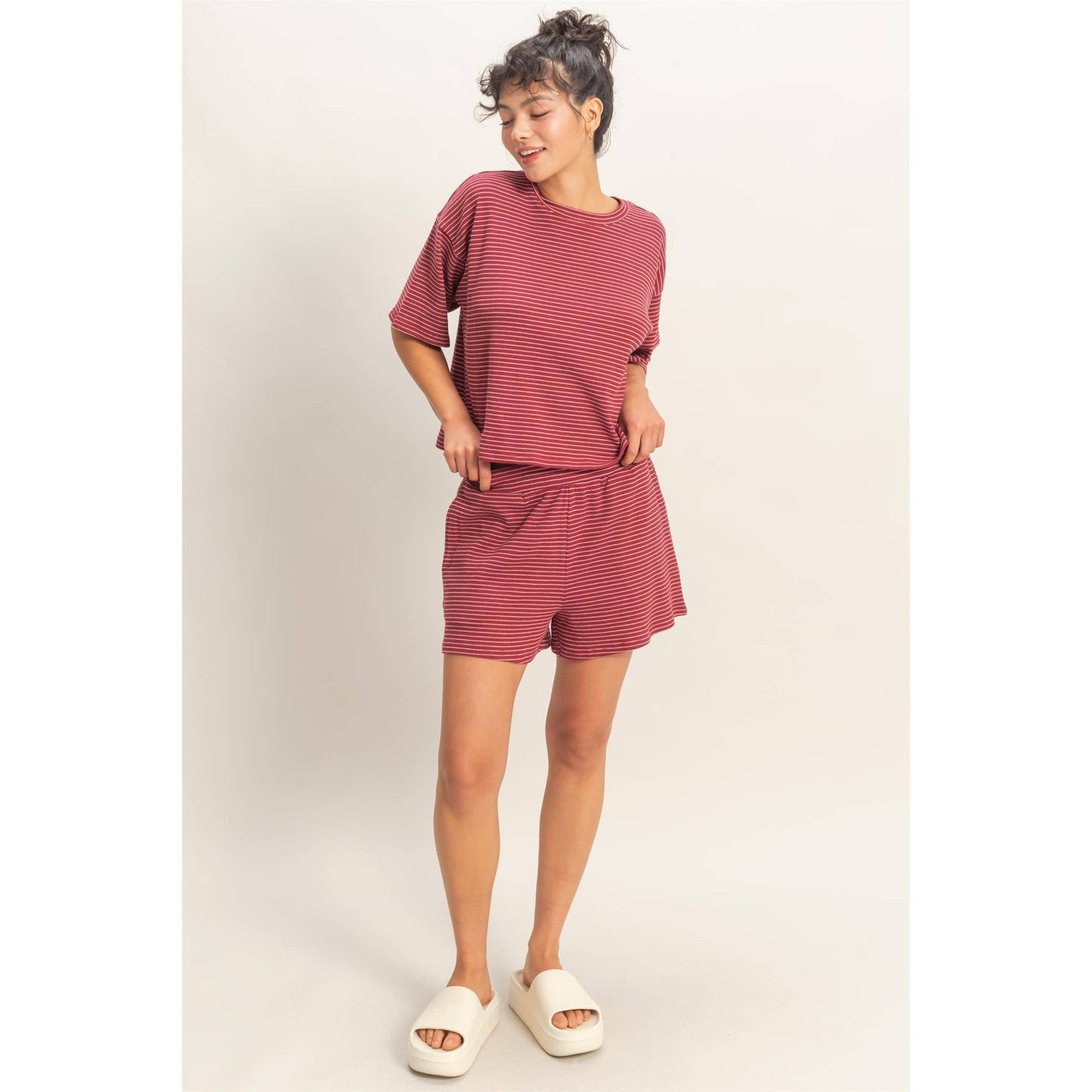 Striped Round Neck Top & Shorts Set - BEIGE