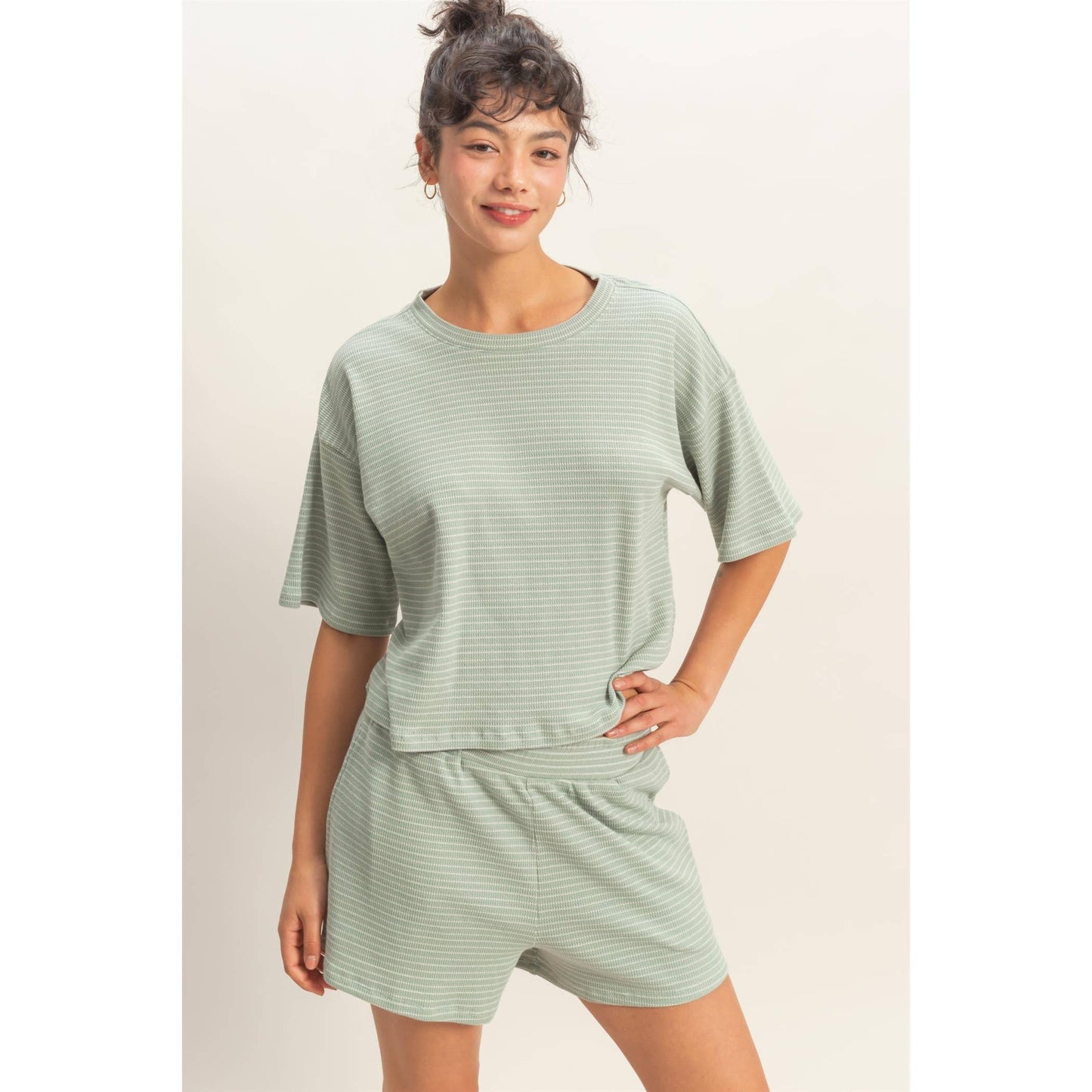 Striped Round Neck Top & Shorts Set - BEIGE