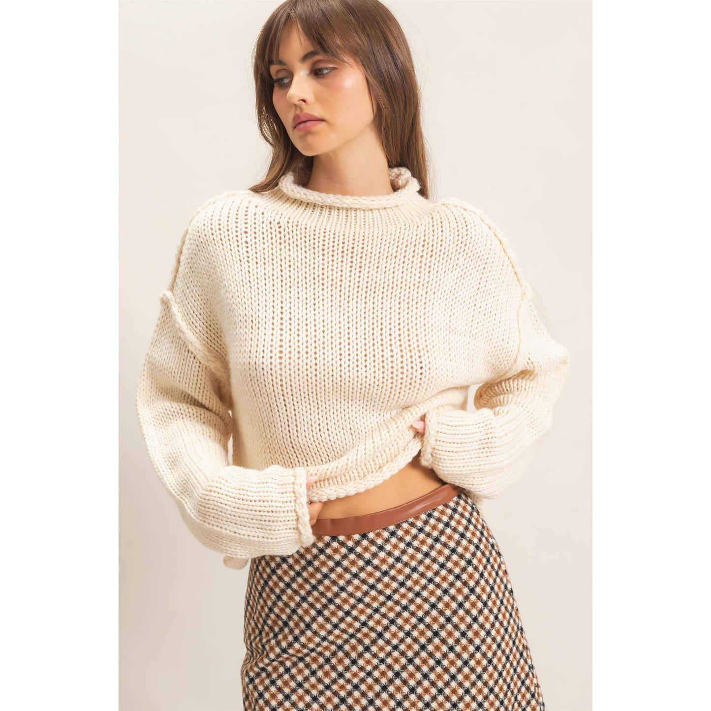 Rolled Collar Loose Knit Sweater IN OATMEAL