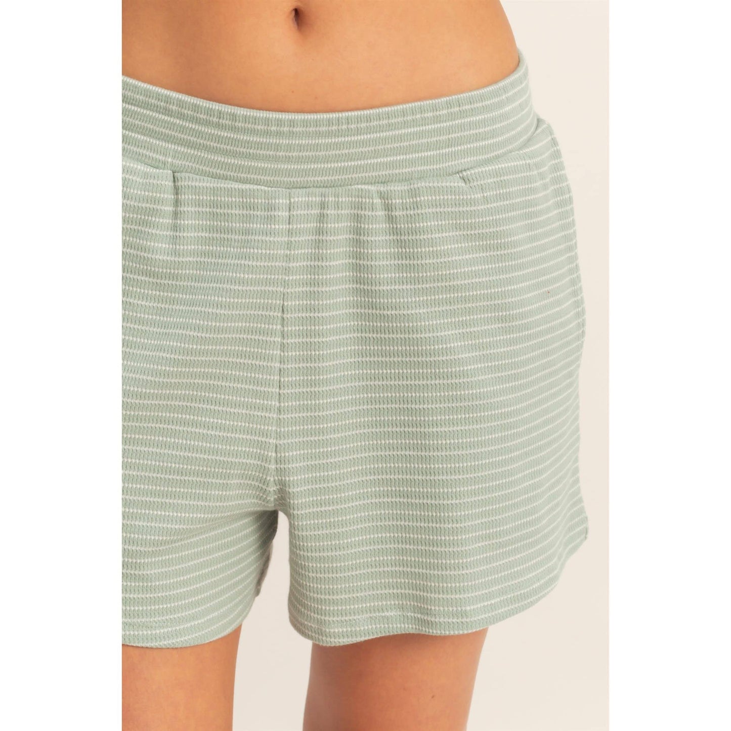 Striped Round Neck Top & Shorts Set - BEIGE