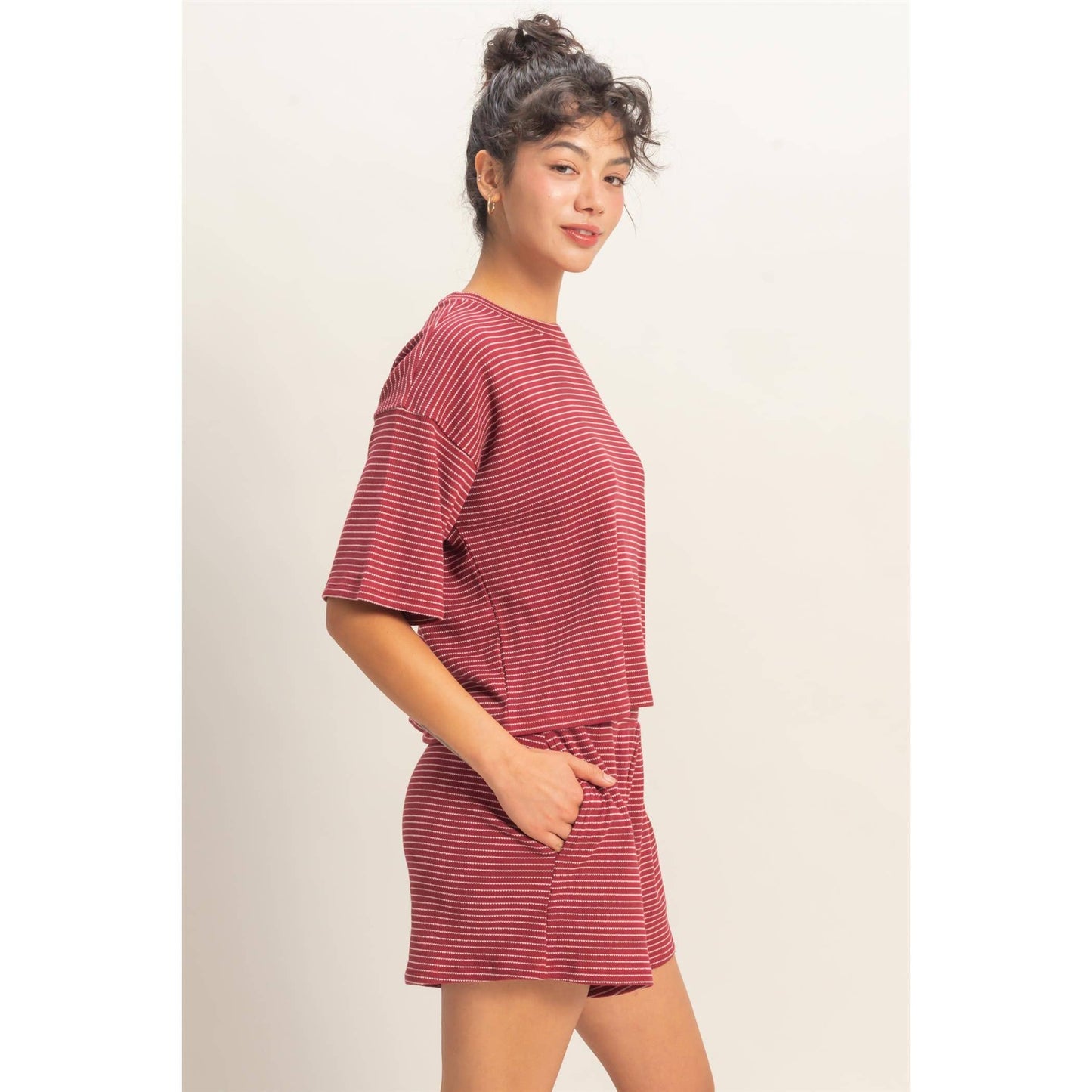 Striped Round Neck Top & Shorts Set - BEIGE
