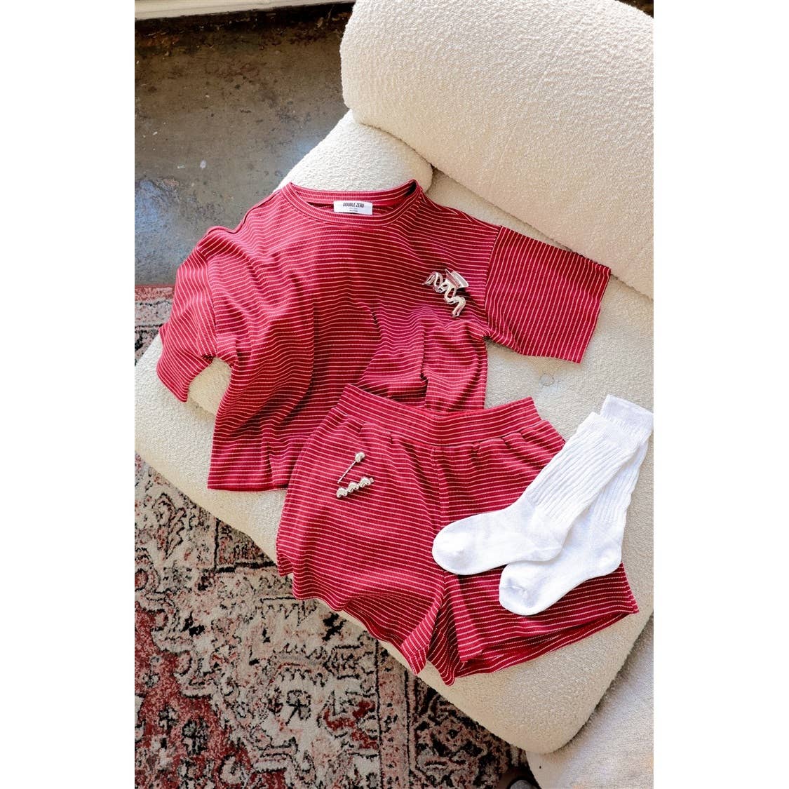 Striped Round Neck Top & Shorts Set - BEIGE