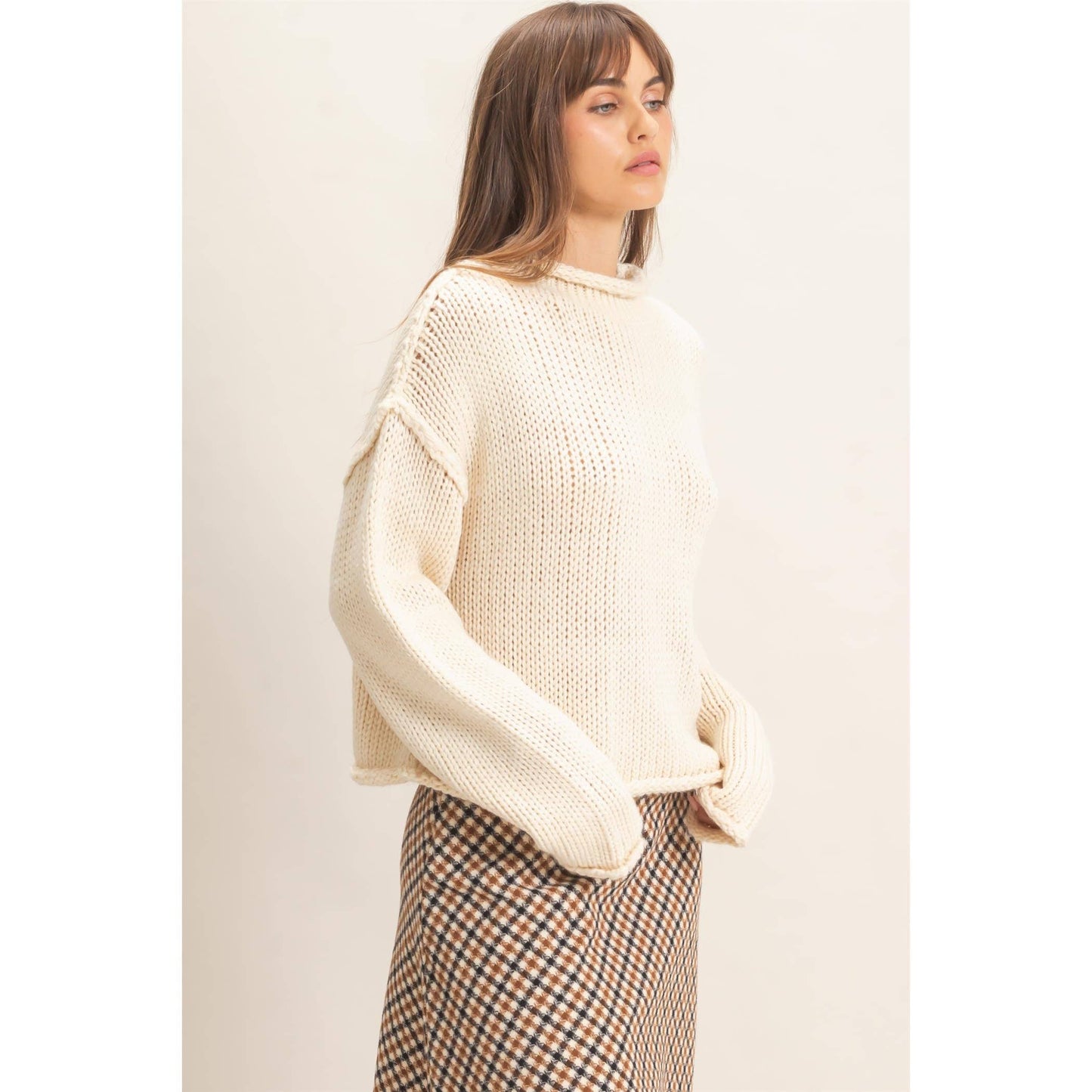 Rolled Collar Loose Knit Sweater IN OATMEAL