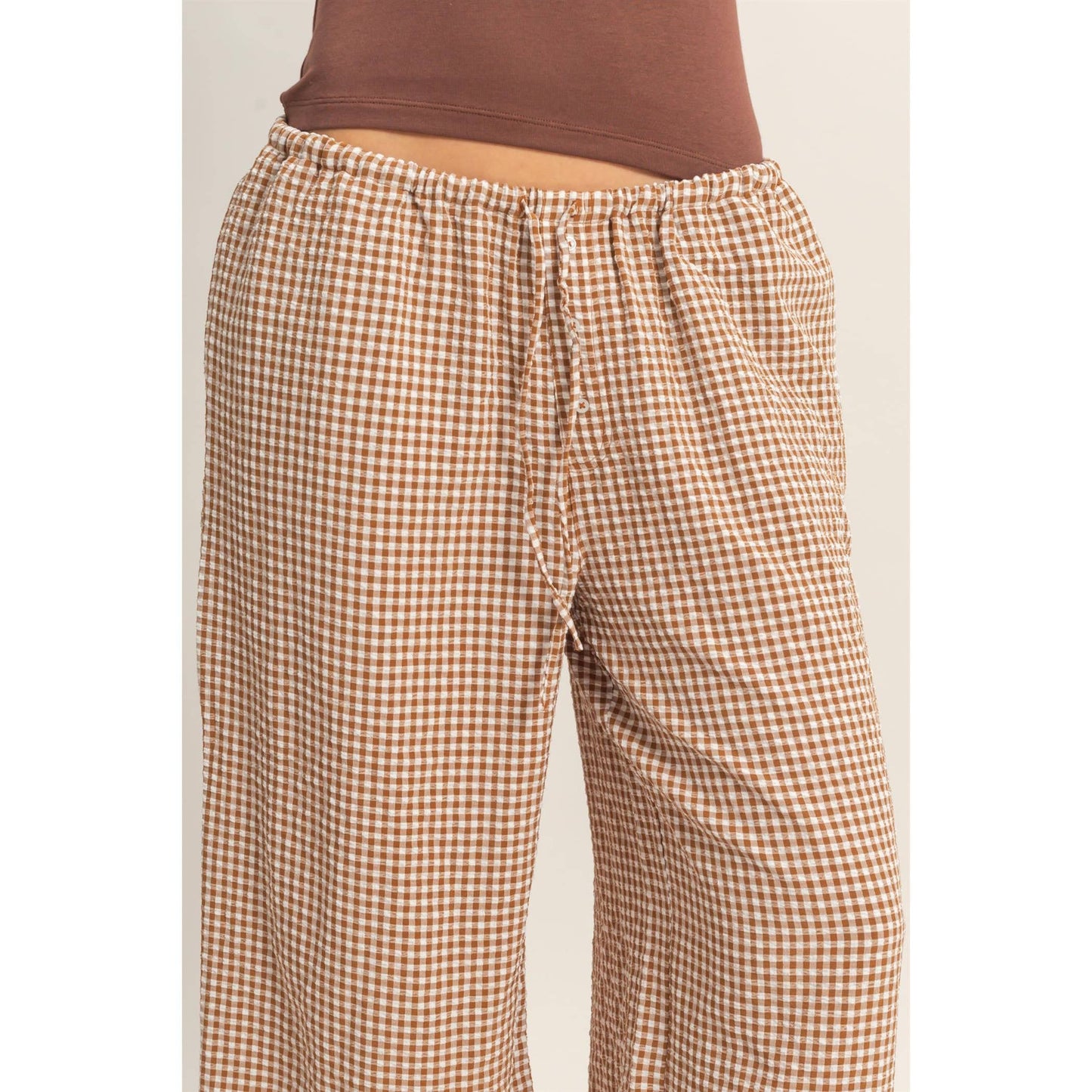 Gingham Drawstring Wide-Leg Pants - BLACK