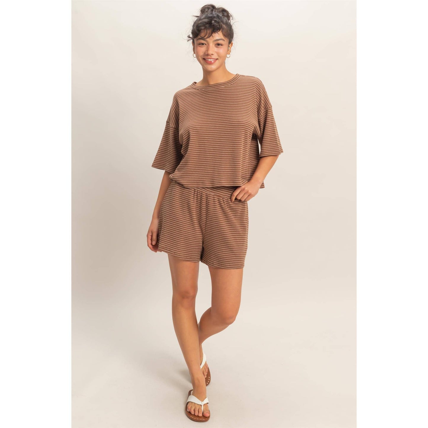 Striped Round Neck Top & Shorts Set - BEIGE