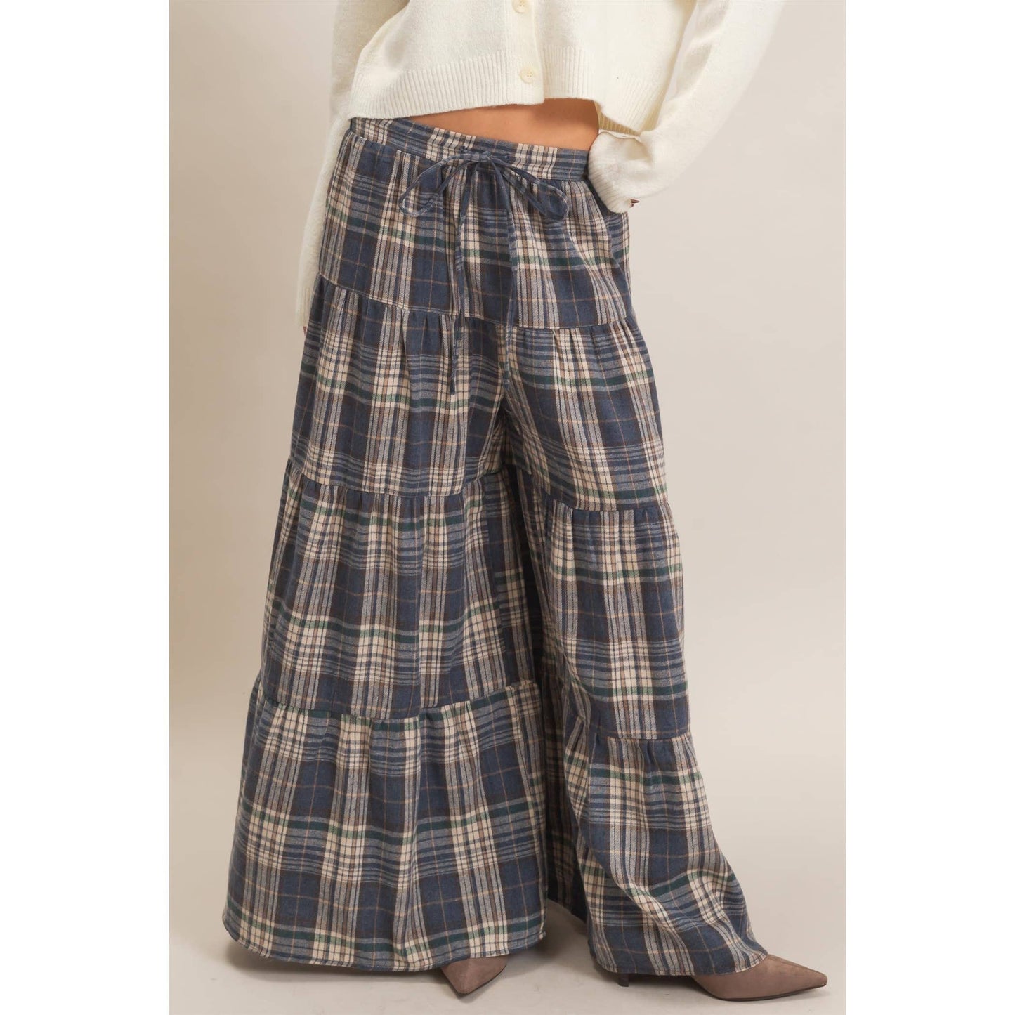 Tiered Plaid Wide-Leg Pants