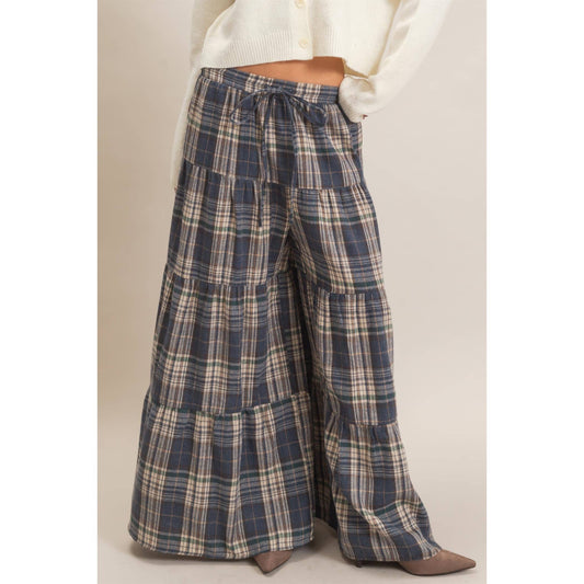 Tiered Plaid Wide-Leg Pants