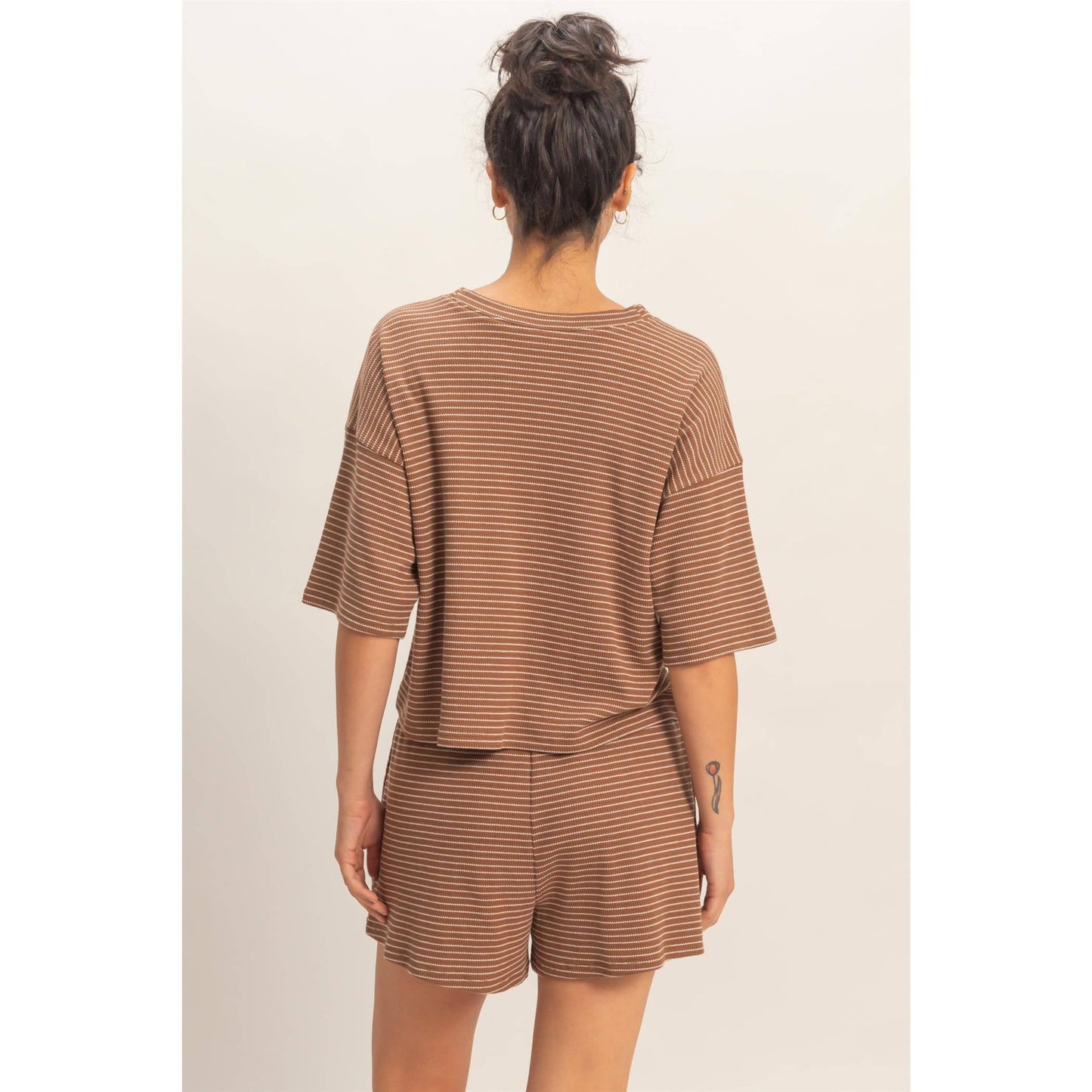 Striped Round Neck Top & Shorts Set - BEIGE