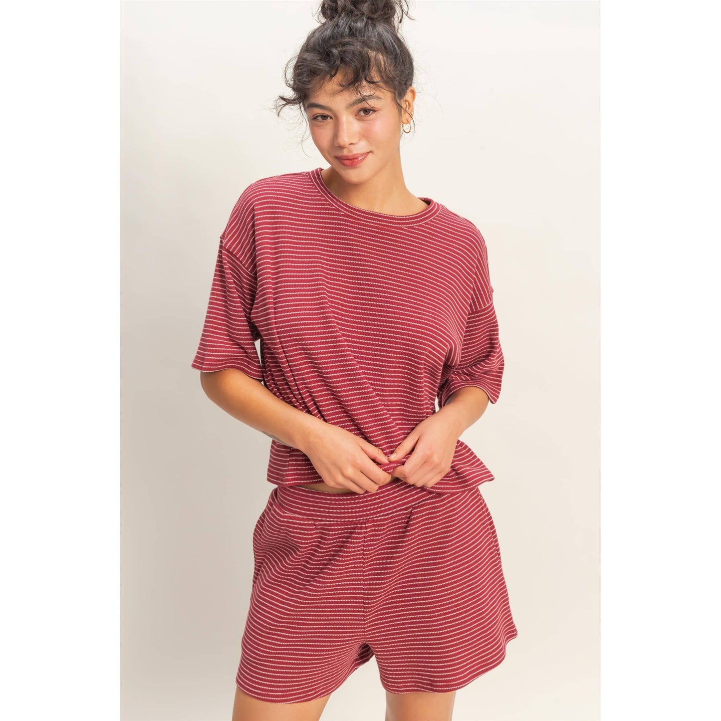 Striped Round Neck Top & Shorts Set - BEIGE