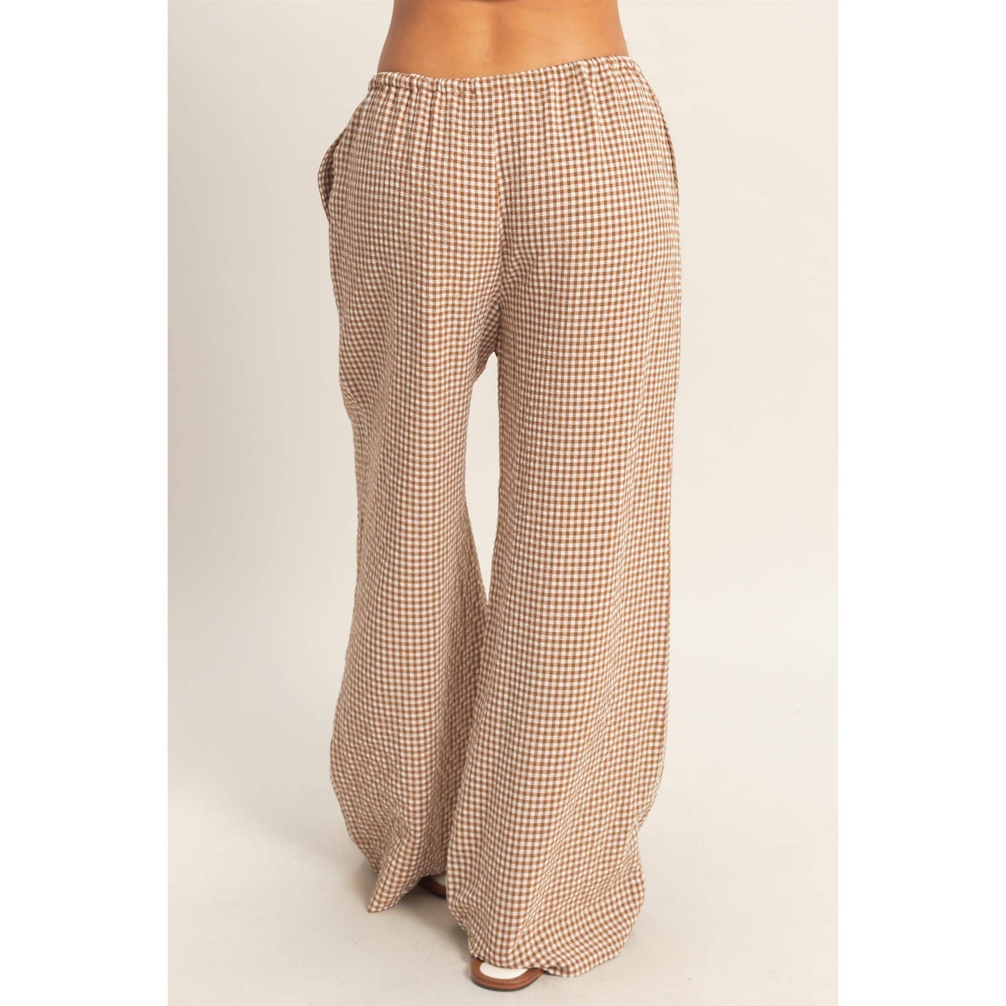 Gingham Drawstring Wide-Leg Pants - BLACK