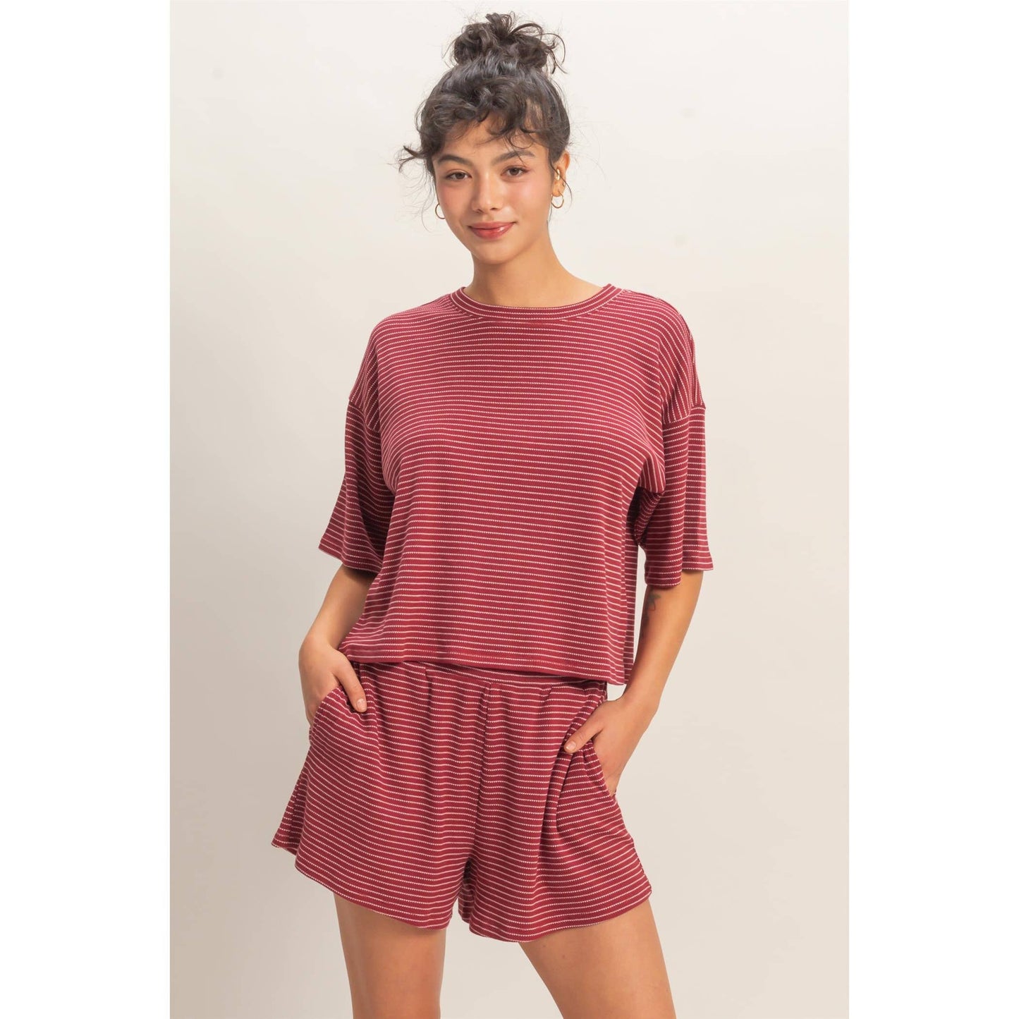 Striped Round Neck Top & Shorts Set - BEIGE