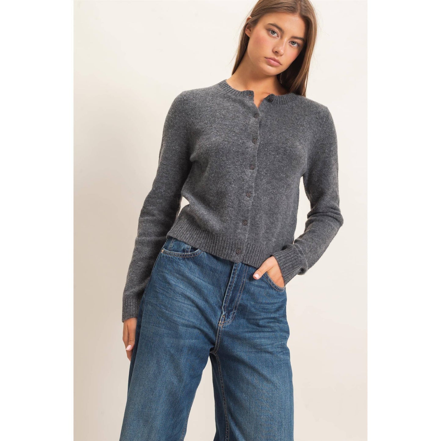 Crew Neck Cardigan *CHARCOAL*