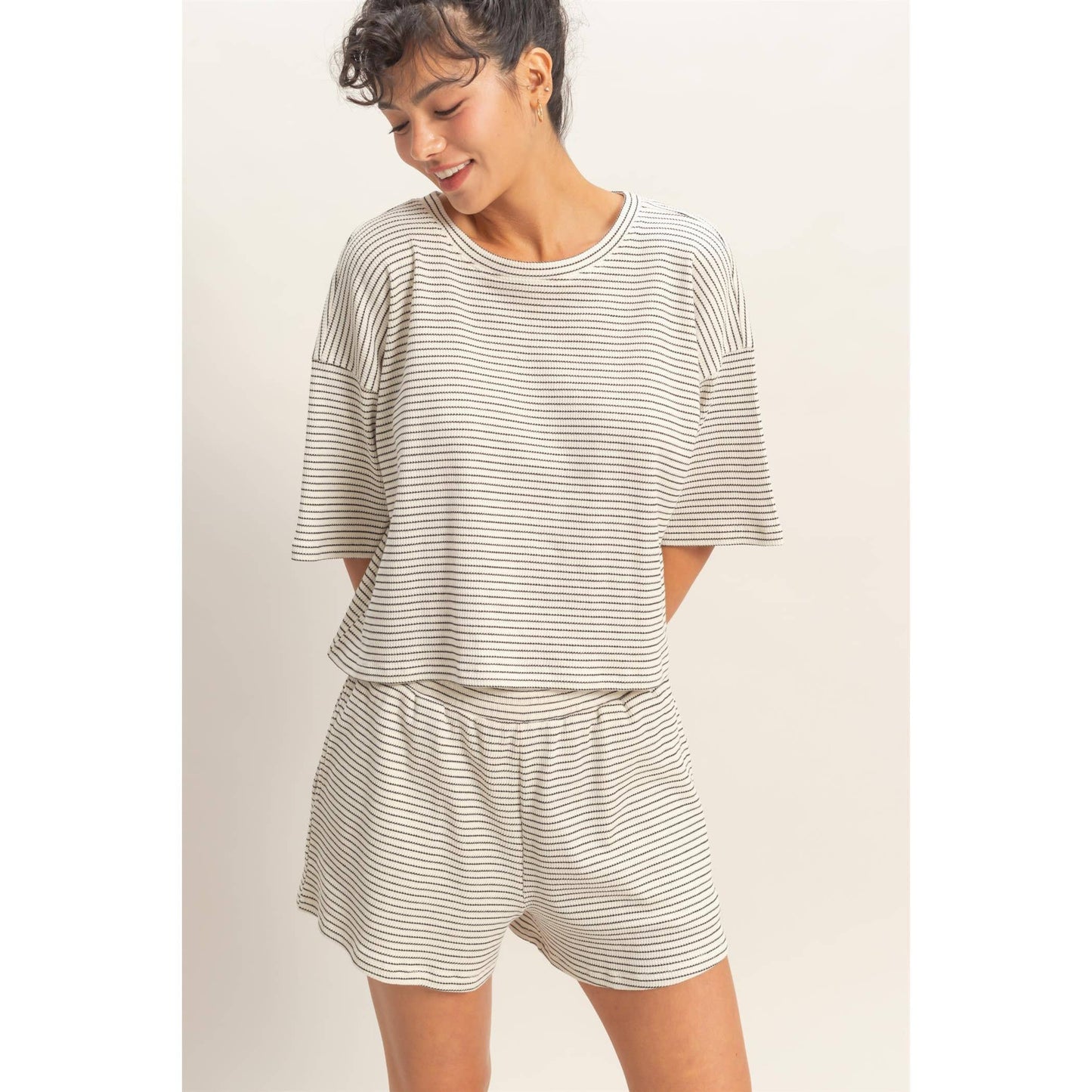 Striped Round Neck Top & Shorts Set - BEIGE