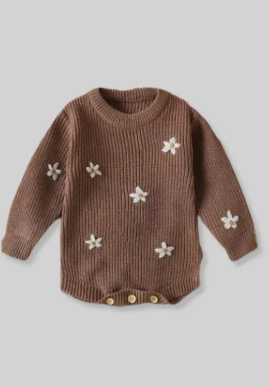 Knit Sweater Onesie with Embroidered Flower Detail - Brown