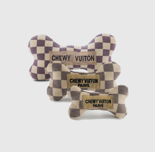 Checker Chewy Vuiton Bones Squeaker Dog Toy