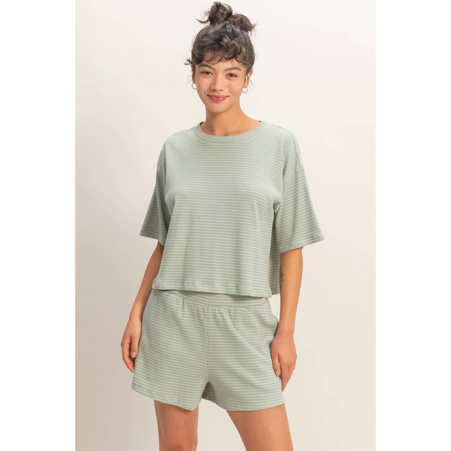 Striped Round Neck Top & Shorts Set - BEIGE
