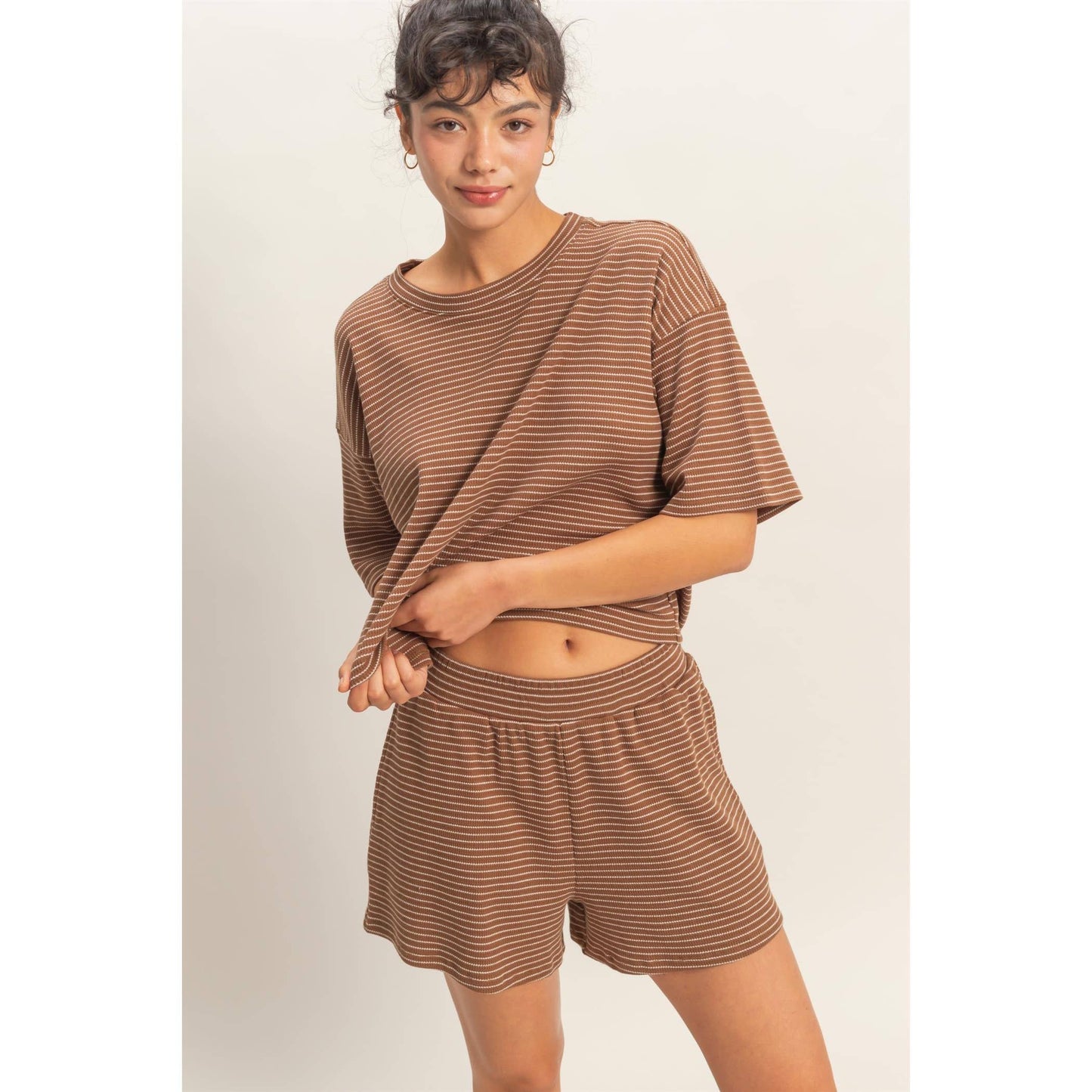 Striped Round Neck Top & Shorts Set - BEIGE