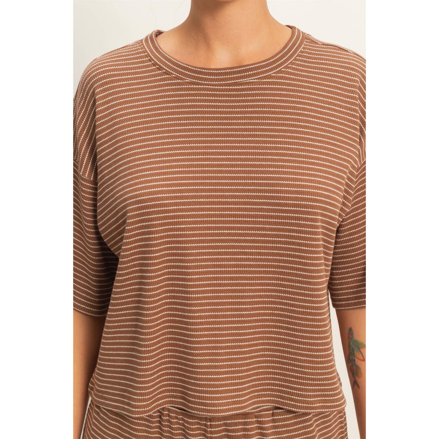 Striped Round Neck Top & Shorts Set - BEIGE
