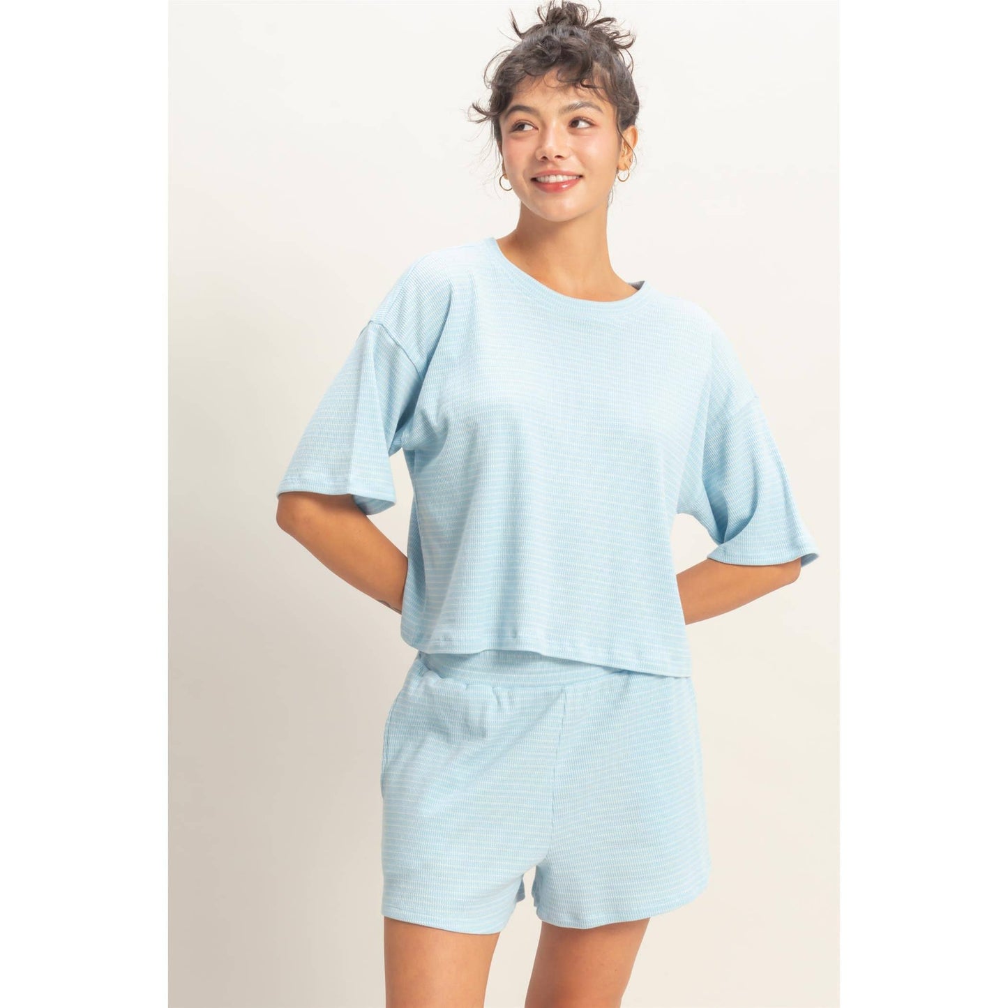 Striped Round Neck Top & Shorts Set - BEIGE