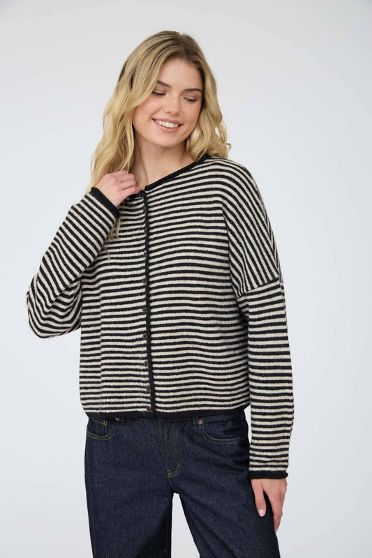 STRIPE RAW EDGE BUTTON DOWN LONG SLEEVE CARDIGAN