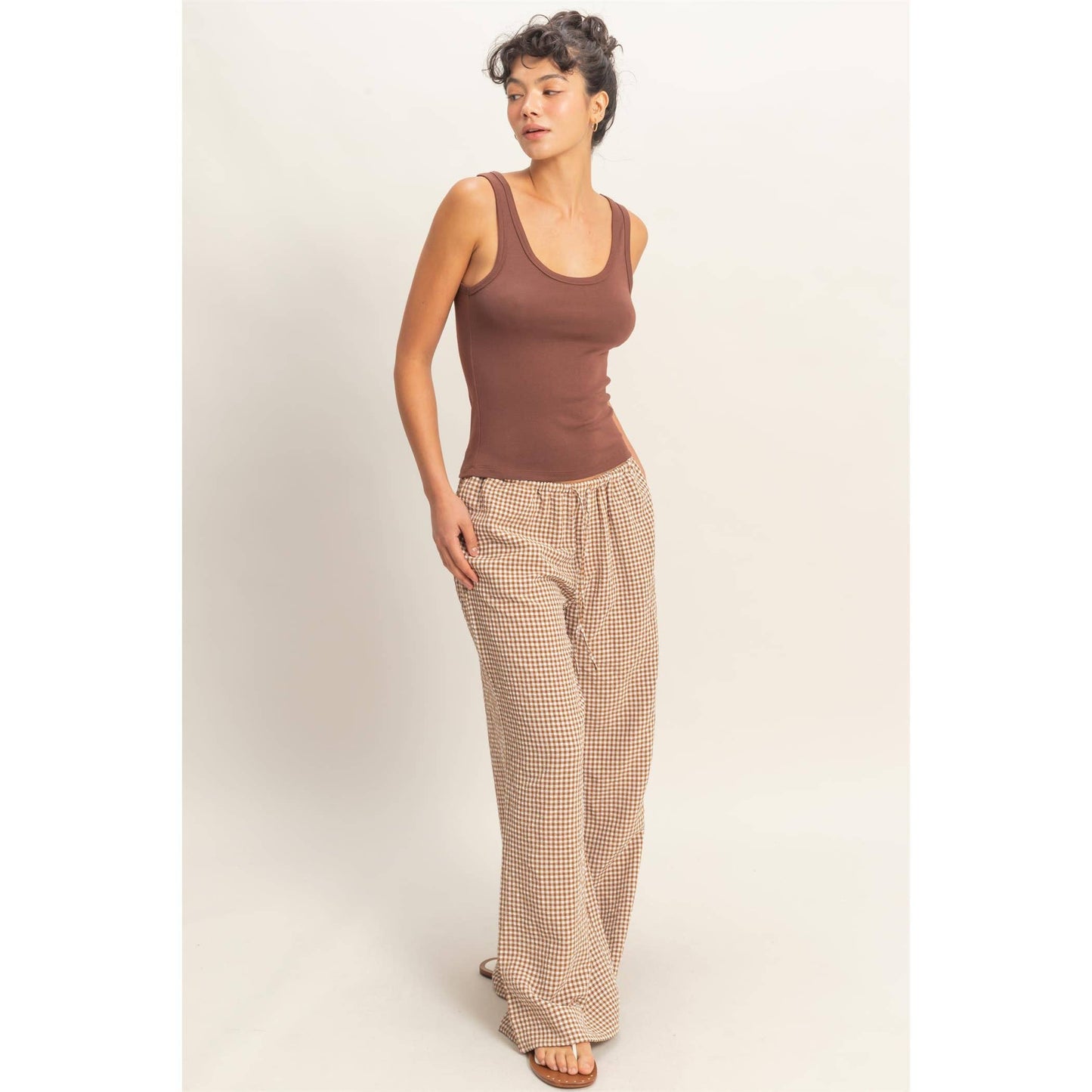 Gingham Drawstring Wide-Leg Pants - BLACK