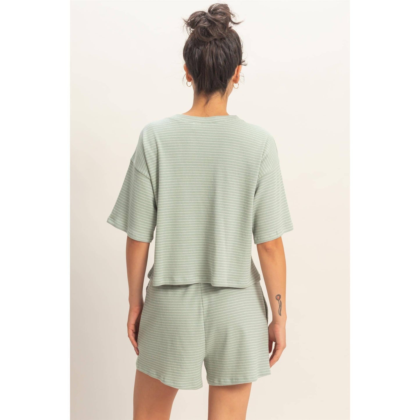 Striped Round Neck Top & Shorts Set - BEIGE