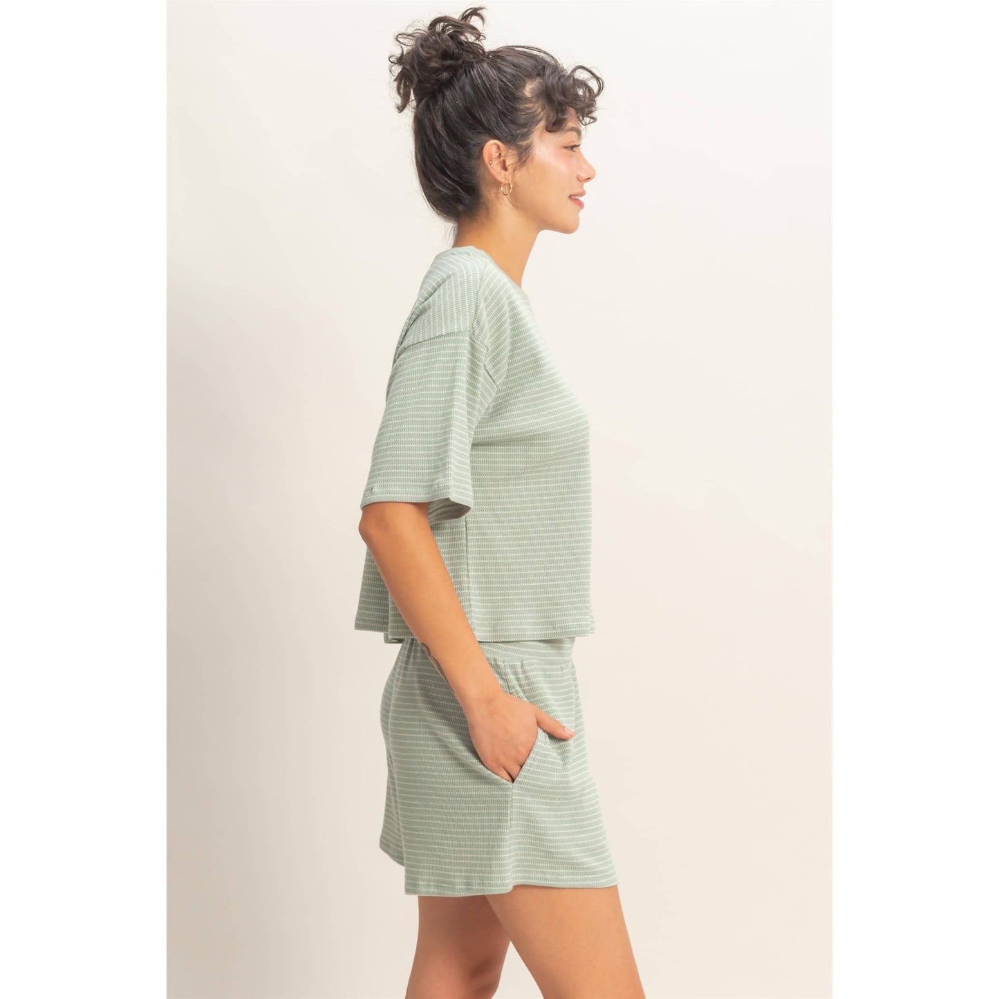 Striped Round Neck Top & Shorts Set - BEIGE