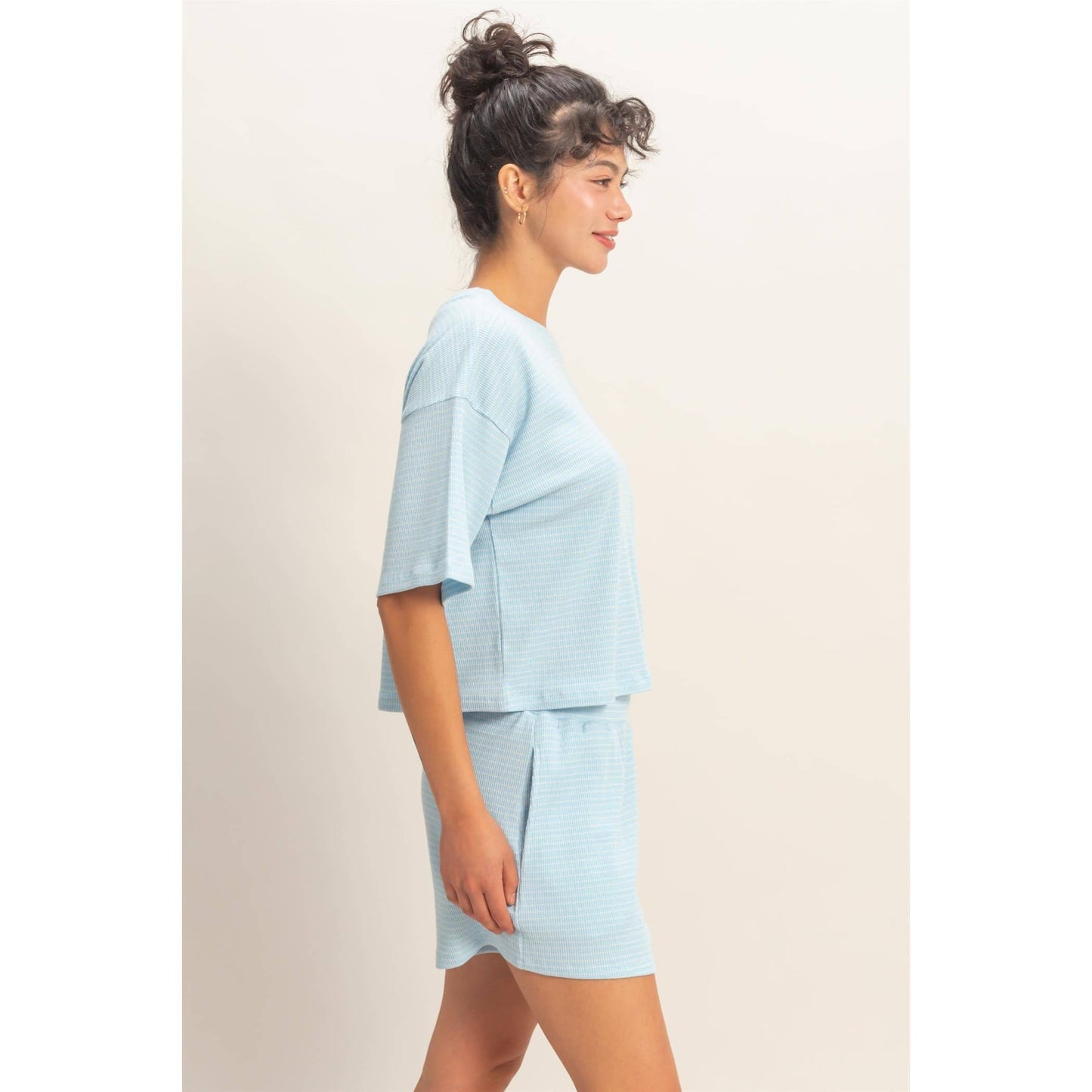 Striped Round Neck Top & Shorts Set - BEIGE