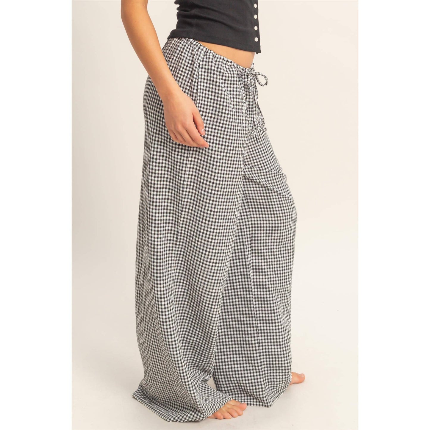 Gingham Drawstring Wide-Leg Pants - BLACK