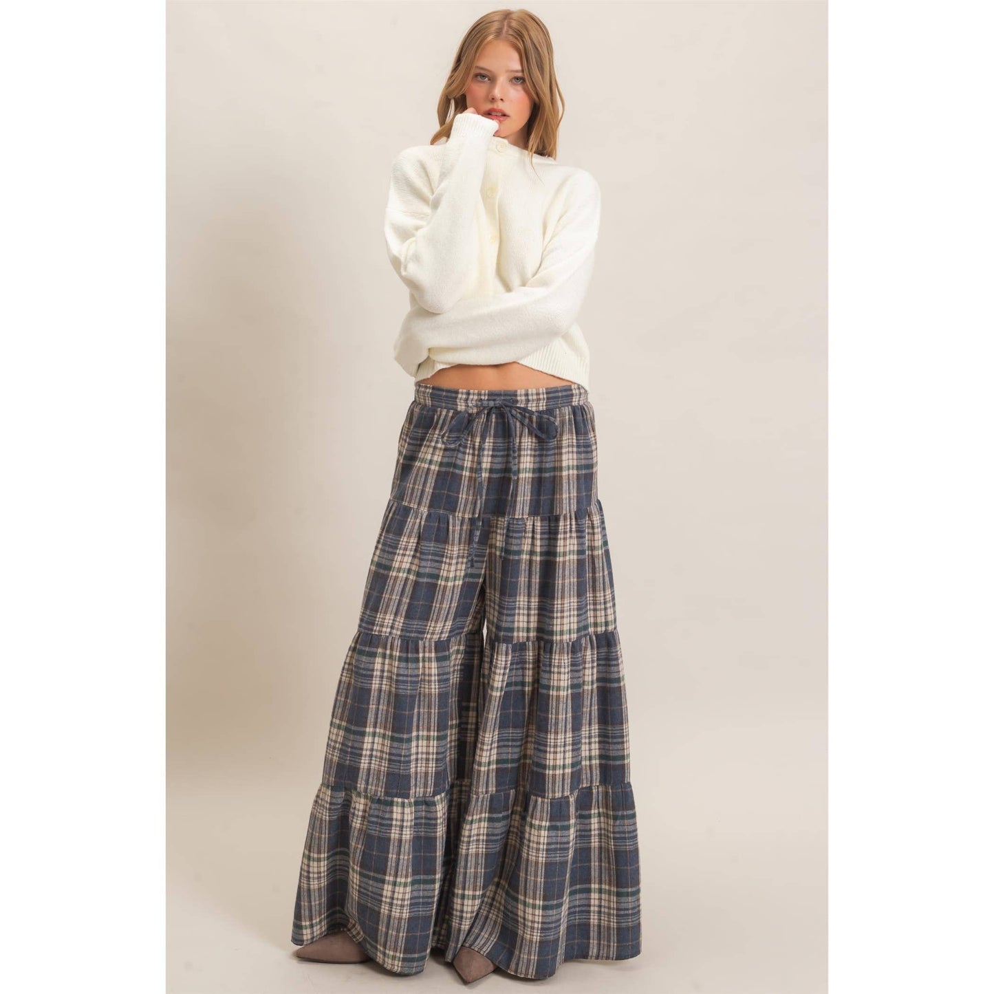 Tiered Plaid Wide-Leg Pants