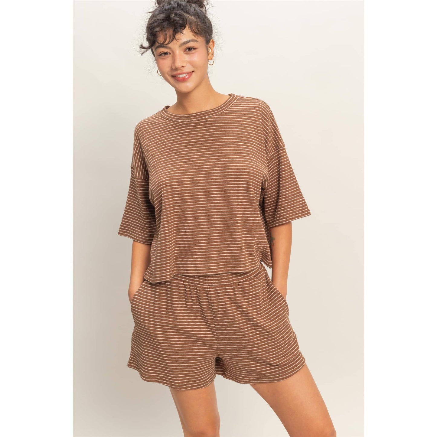 Striped Round Neck Top & Shorts Set - BEIGE