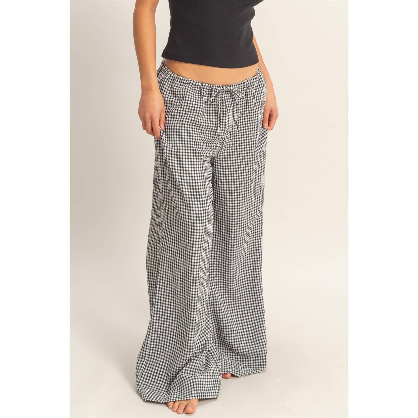 Gingham Drawstring Wide-Leg Pants - BLACK