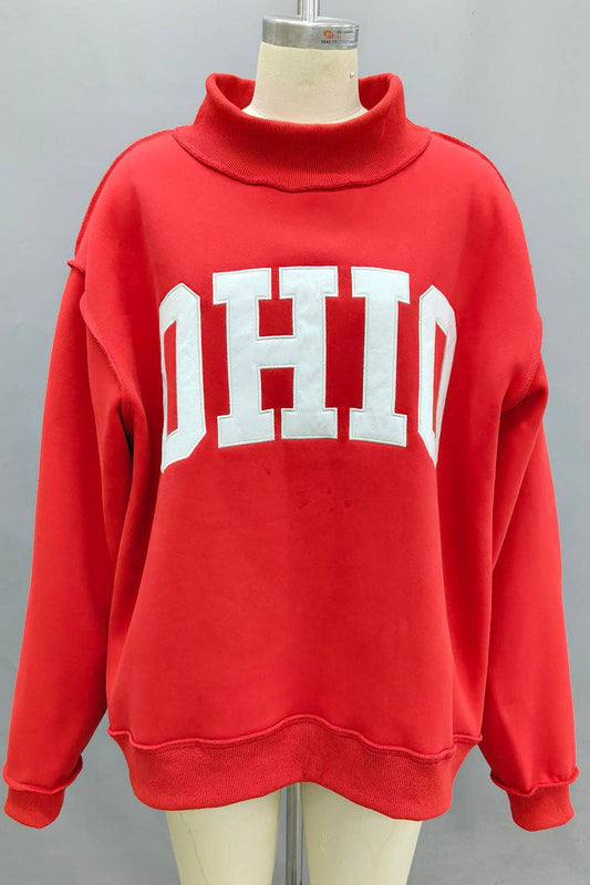 'OHIO' Embroidered Mock Neck Sweatshirt - RED