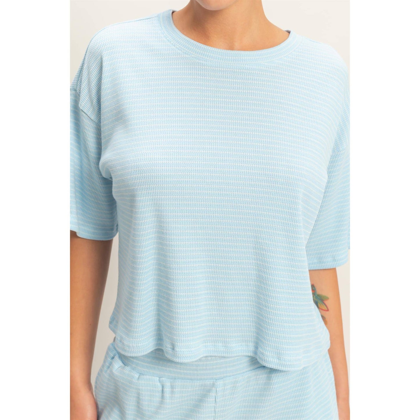 Striped Round Neck Top & Shorts Set - BEIGE