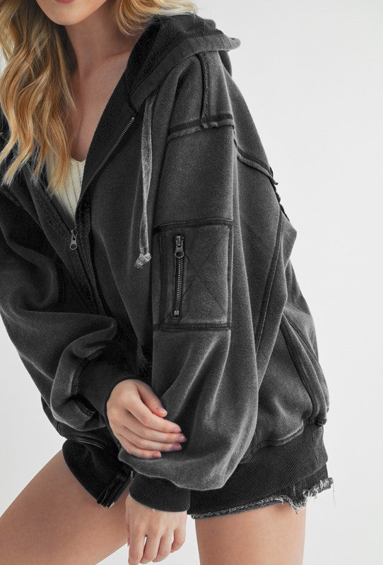 Aemi+Co Exposed Seam Zip Up Drawstring Hooded Jacket